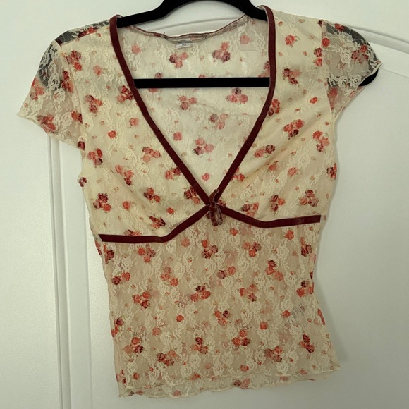 Kimchi Blue Tops - Kimchi Blue Cream Lace Floral Blouse with Pink Rose Accents